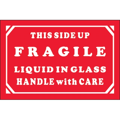 2 x 3" - "Fragile - Liquid In Glass - Handle With Care" Labels - 500/Roll