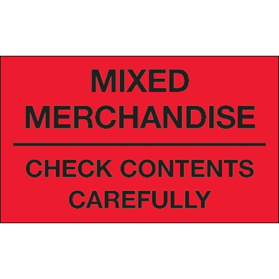 3 x 5" - "Mixed Merchandise - Check Contents Carefully" (Fluorescent Red) Labels - 500/Roll