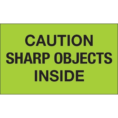 3 x 5" - "Caution Sharp Objects Inside" (Fluorescent Green) Labels - 500/Roll