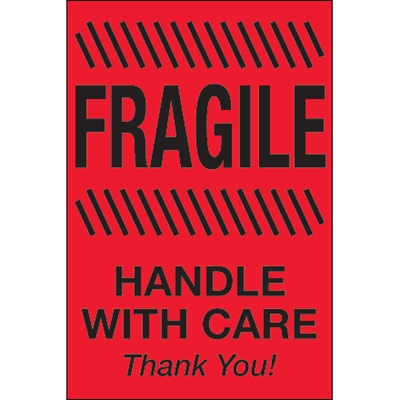 4 x 6" - "Fragile - Handle With Care" (Fluorescent Red) Labels - 500/Roll