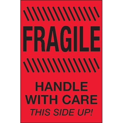 4 x 6" - "Fragile - Handle With Care - This Side Up" (Fluorescent Red) Labels - 500/Roll