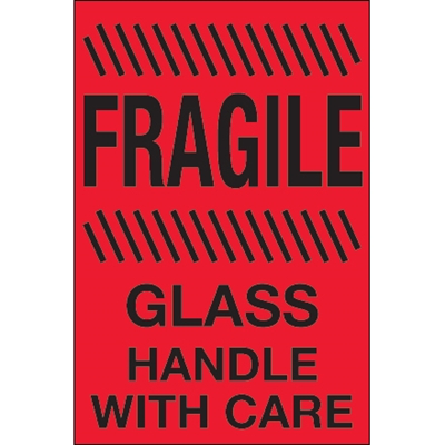 4 x 6" - "Fragile - Glass - Handle With Care" (Fluorescent Red) Labels - 500/Roll