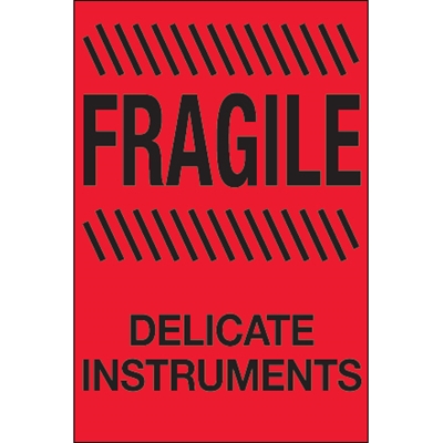 4 x 6" - "Fragile - Delicate Instruments" (Fluorescent Red) Labels - 500/Roll