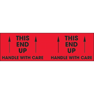 3 x 10" - "This End Up - Handle With Care" (Fluorescent Red) Labels - 500/Roll