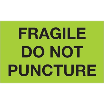 3 x 5" - "Fragile - Do Not Puncture" (Fluorescent Green) Labels - 500/Roll