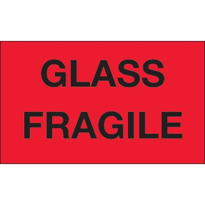 3 x 5" - "Glass - Fragile" (Fluorescent Red) Labels - 500/Roll