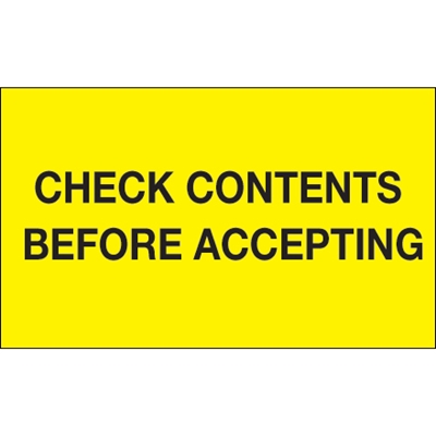 3 x 5" - "Check Contents Before Accepting" (Fluorescent Yellow) Labels - 500/Roll