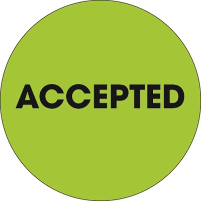 2" Circle - "Accepted" Fluorescent Green Labels - 500/Roll