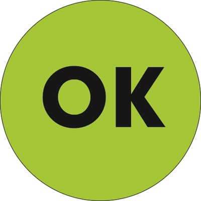 1" Circle - "OK" Fluorescent Green Labels - 500/Roll