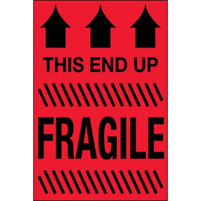 2 x 3" - "This End Up - Fragile" (Fluorescent Red) Labels - 500/Roll