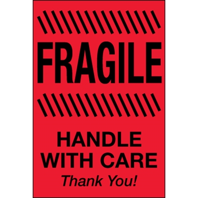 2 x 3" - "Fragile - Handle With Care" (Fluorescent Red) Labels - 500/Roll