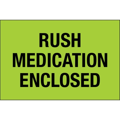 2 x 3" - "Rush - Medication Enclosed" (Fluorescent Green) Labels - 500/Roll