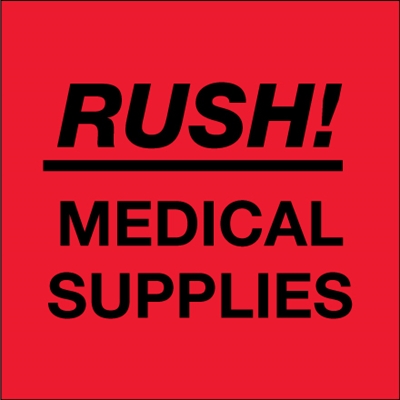 4 x 4" - "Rush - Medical Supplies" (Fluorescent Red) Labels - 500/Roll