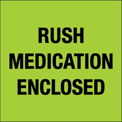 4 x 4" - "Rush - Medication Enclosed" (Fluorescent Green) Labels - 500/Roll