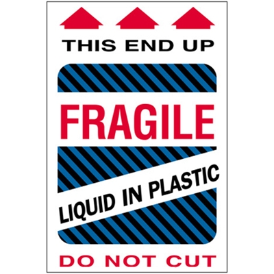 4 x 6" - "Fragile - Liquid in Plastic" Labels - 500/Roll