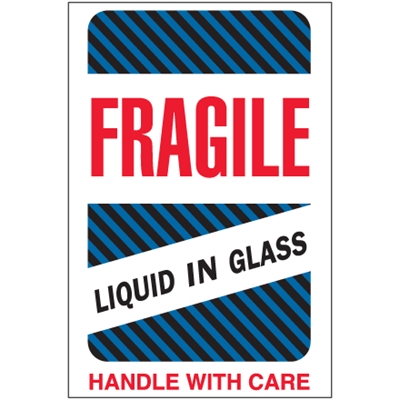 4 x 6" - "Fragile - Liquid in Glass" Labels - 500/Roll