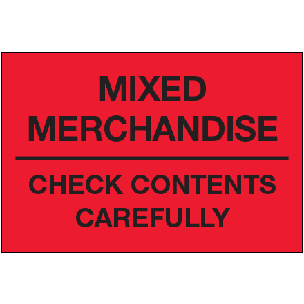 2 x 3" - "Mixed Merchandise - Check Contents Carefully" (Fluorescent Red) Labels - 500/Roll