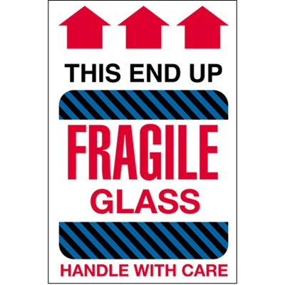 4 x 6" - "Fragile Glass - This End Up" Labels - 500/Roll