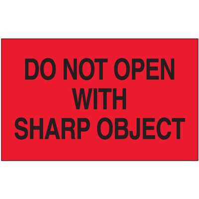 3 x 5" - "Do Not Open with Sharp Object" (Fluorescent Red) Labels - 500/Roll