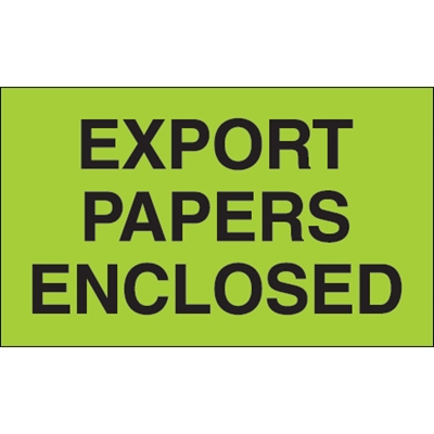 3 x 5" - "Export Papers Enclosed" (Fluorescent Green) Labels - 500/Roll