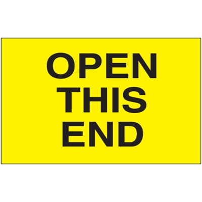 3 x 5" - "Open This End" (Fluorescent Yellow) Labels - 500/Roll