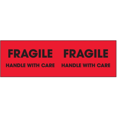 3 x 10" - "Fragile - Handle With Care" (Fluorescent Red) Labels - 500/Roll