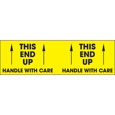 3 x 10" - "This End Up - Handle With Care" (Fluorescent Yellow) Labels - 500/Roll