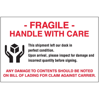 4 x 6" - "Fragile - Handle With Care" Labels - 500/Roll