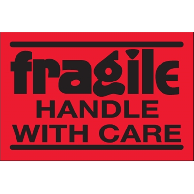 2 x 3" - "Fragile - Handle With Care" (Fluorescent Red) Labels - 500/Roll