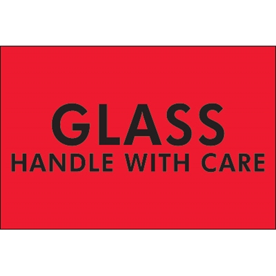 2 x 3" - "Glass - Handle With Care" (Fluorescent Red) Labels - 500/Roll