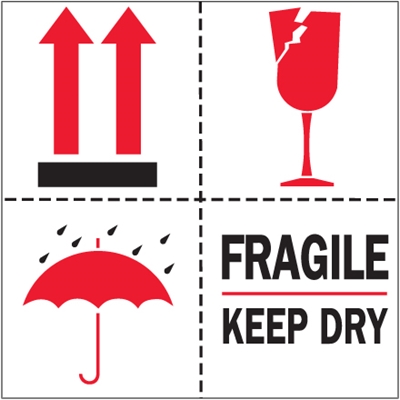 4 x 4" - "Fragile - Keep Dry" Labels - 500/Roll