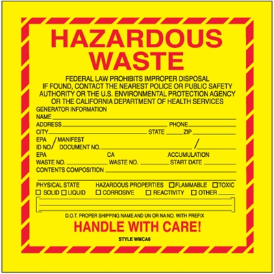 6 x 6" - "Hazardous Waste - California" Labels - 500/Roll