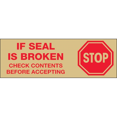 2" x 55 yds. - "Stop If Seal Is Broken..." Tan (18 Pack) Tape Logic® Pre-Printed Carton Sealing Tape - 18/Case