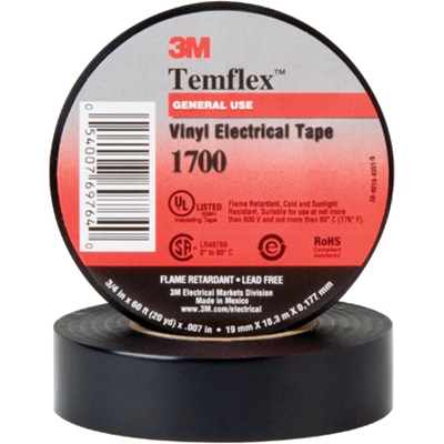 3/4" x 60' Black (20 Pack) 3M 1700 Electrical Tape - 20/Case