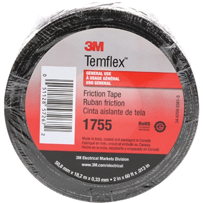 3/4" x 60' Black (10 Pack) 3M 1755 Cotton Friction Tape - 1/Case