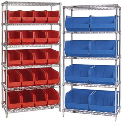 36 x 18 x 74" - 6 Shelf Wire Shelving Unit with (15) Blue Bins - 1/Each